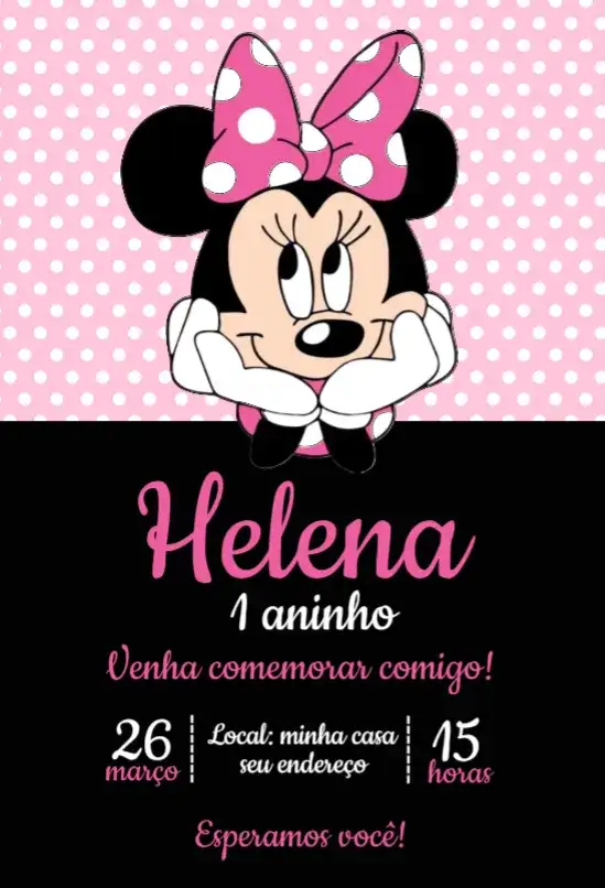 Convite Minnie Rosa 1 – tema Aniversário rosa, preto, divertido, infantil, temática Minnie, colorido