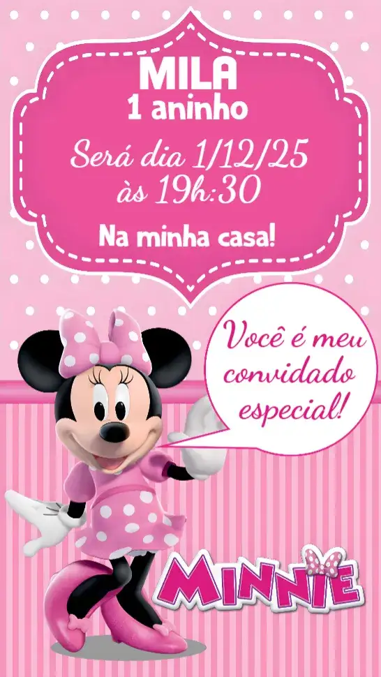 Convite Minnie Rosa – tema Aniversário Infantil rosa, divertido, infantil, colorido, temático, lúdico