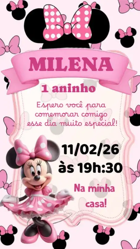 Convite Minnie Rosa – tema Aniversário Infantil rosa, divertido, infantil, colorido, temático, fofo