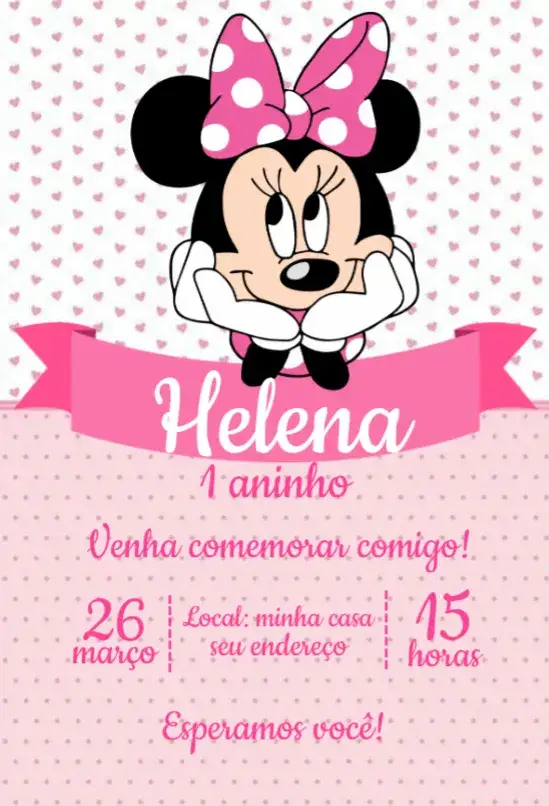 Convite Minnie Rosa 2 – tema Aniversário rosa, divertido, infantil, temático, colorido, lúdico