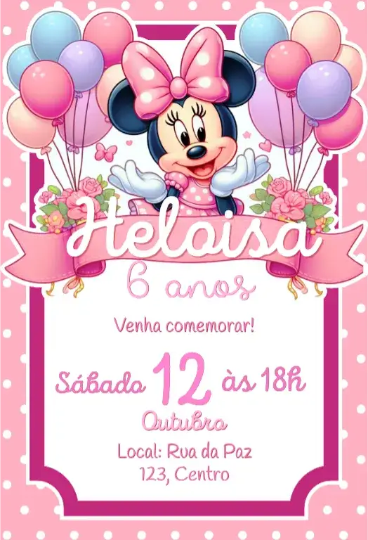 Convite Minnie rosa – tema Aniversário Infantil rosa, Disney, divertido, infantil, lúdico, colorido