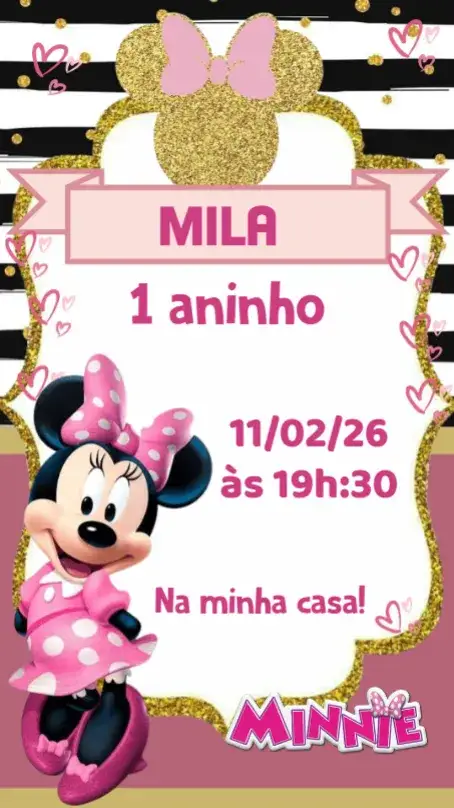 Convite Minnie Rosa – tema Aniversário Infantil rosa, Disney, divertido, colorido, infantil, temático