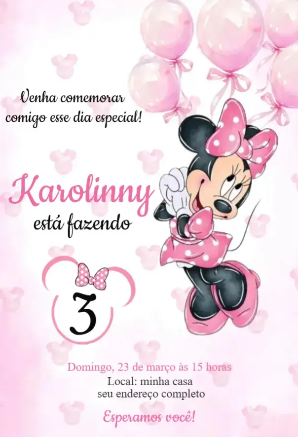 Convite Minnie rosa 6 – tema Aniversário rosa, aquarela, divertido, infantil, colorido, tema Minnie Mouse