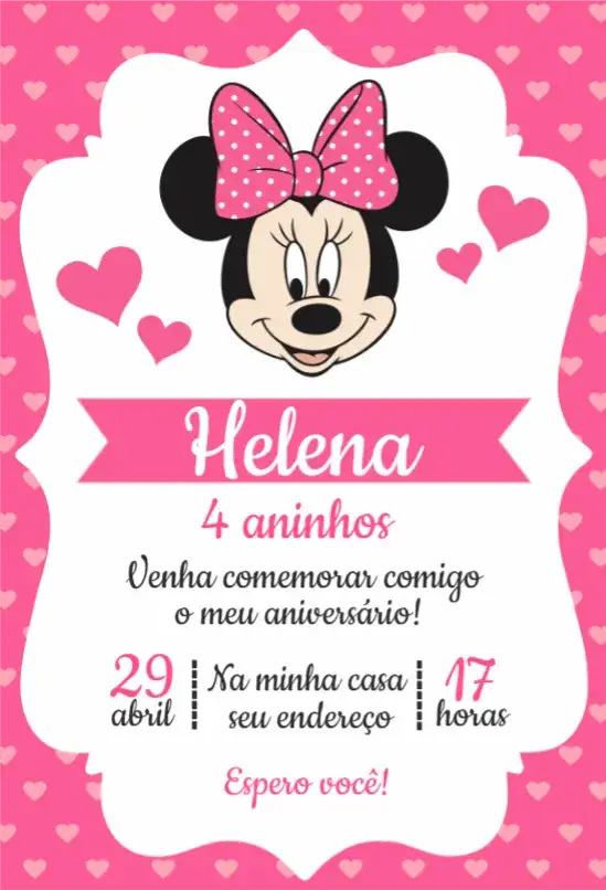 Convite Minnie rosa – tema Aniversário rosa, Disney, infantil, lúdico, divertido, colorido