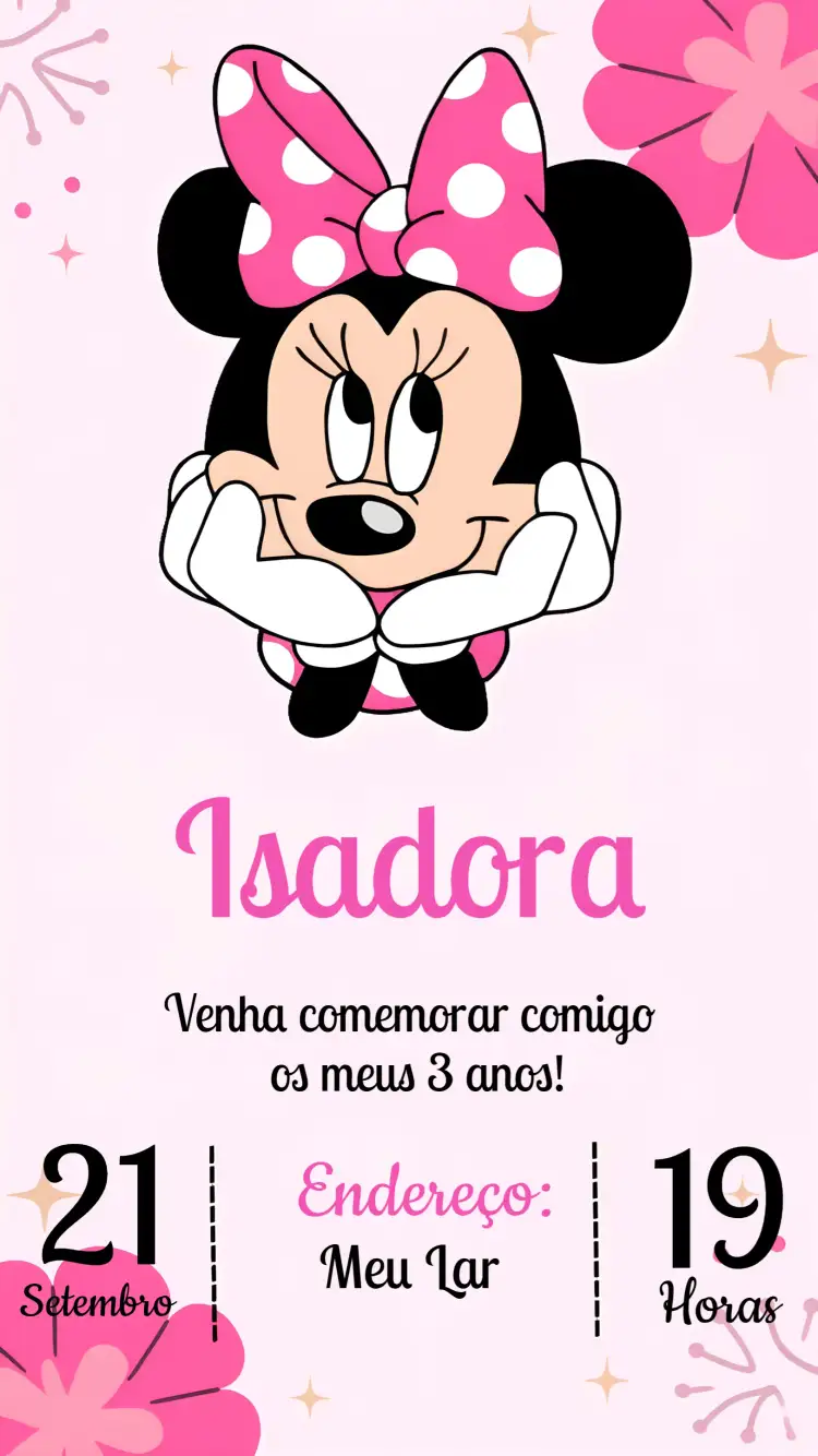 Convite Minnie Rosa Digital – tema Mais pesquisados cores rosa e preto, estilo infantil, elementos gráficos da Minnie, design lúdico, tema de festa divertida