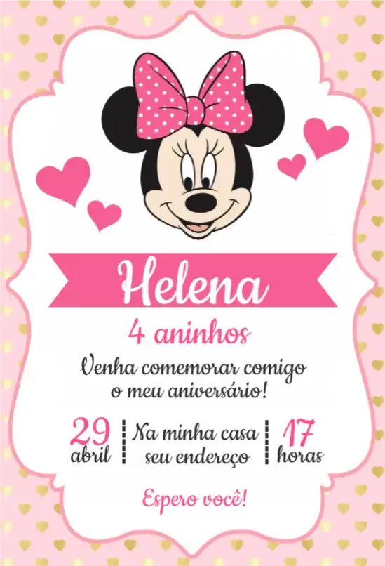 Convite Minnie rosa e dourado – tema Aniversário rosa, dourado, infantil, temático, divertido, lúdico