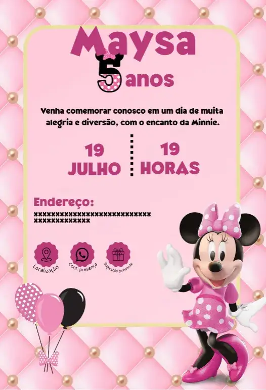 Convite Minnie Rosa infantil editável e personalizável
