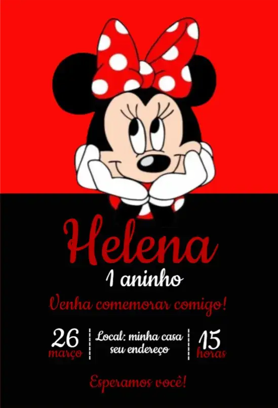 Convite Minnie Vermelha 1 – tema Aniversário vermelho, preto, infantil, divertido, temático, colorido