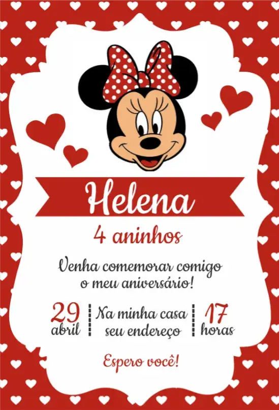 Invitación Minnie roja – tema Cumpleaños rojo, divertido, infantil, colorido, temático, personajes
