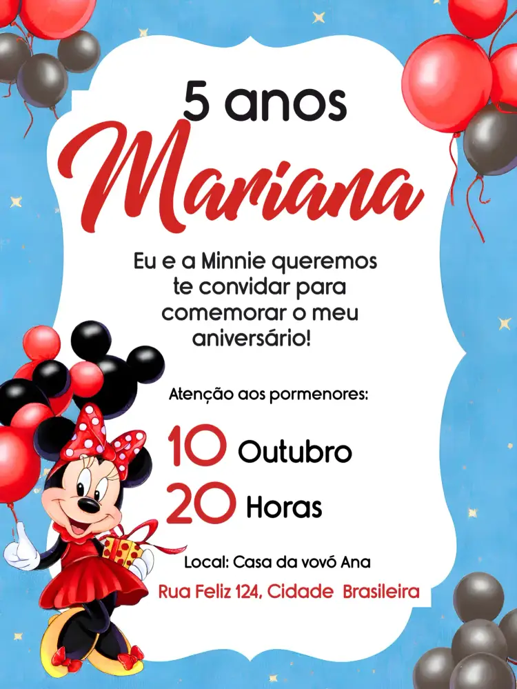 Convite Minnie Vermelha Frame – tema Mais pesquisados vermelho, branco, preto, divertido, infantil, temático