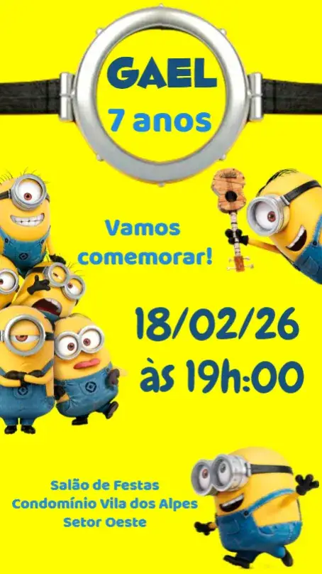 Convite Minnions – tema Aniversário Infantil colorido, divertido, temático, infantil, vibrante, ilustrações de personagens