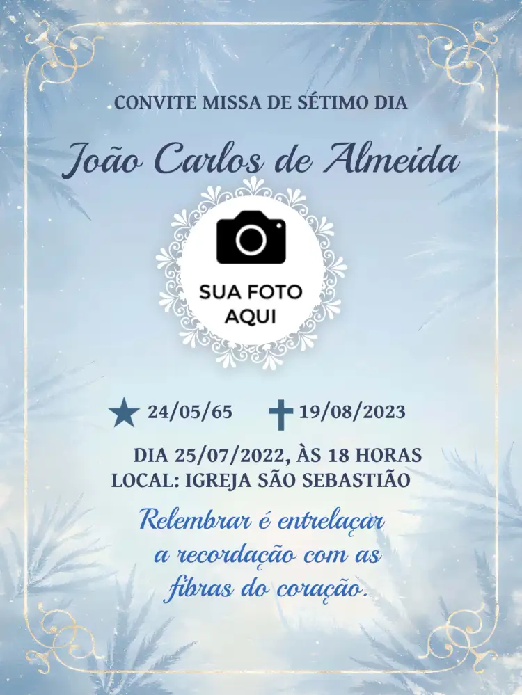 Convite Missa De 7º Dia Ano – tema Datas Comemorativas azul, branco, moderno, elegante, sereno