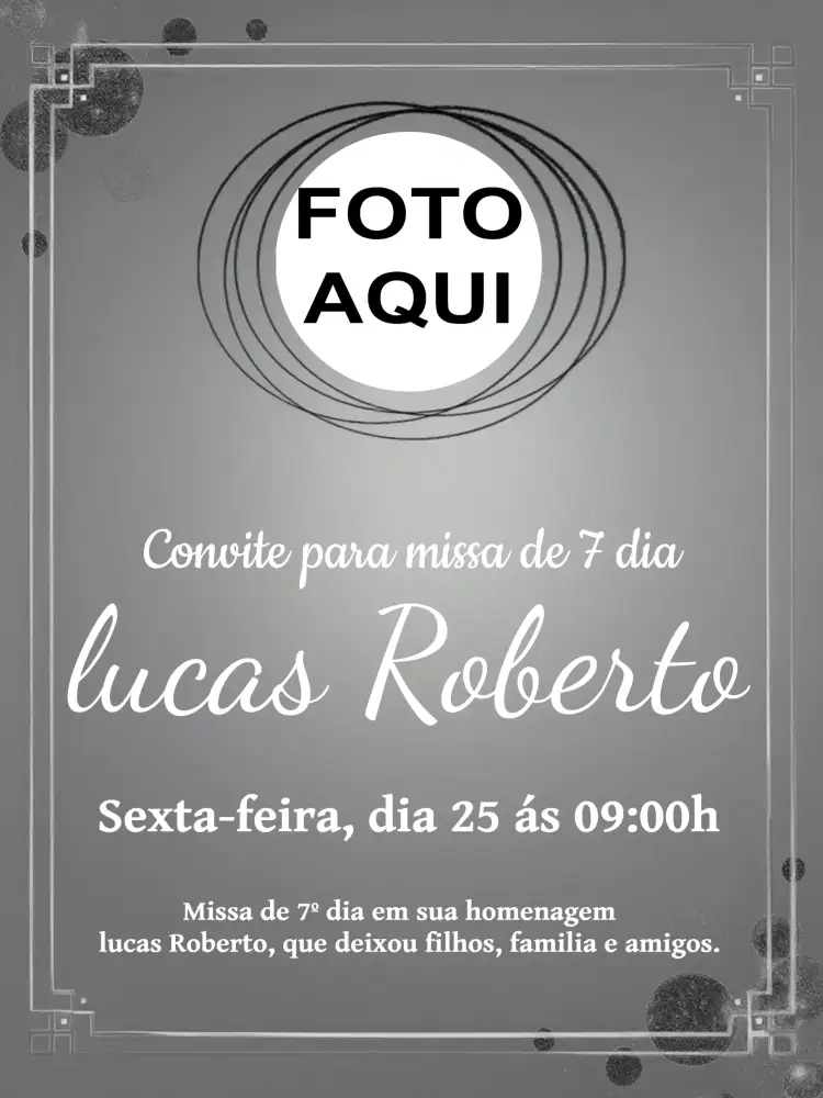 Convite Missa De 7º Dia Com Foto Circulo – tema Datas Comemorativas preto e branco, minimalista, elegante, sutil, confortante