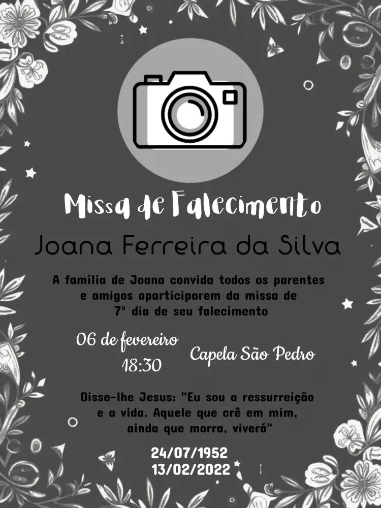 Convite Missa De Falecimento 7º Dia Com Foto Finados – tema Datas Comemorativas minimalista, sóbrio, elegante, clássico, contemporâneo