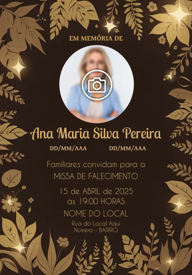 Convite Missa De Falecimento Com Foto 7°dia – tema Datas Comemorativas marrom, amarelo, dourado, minimalista, elegante, clássico