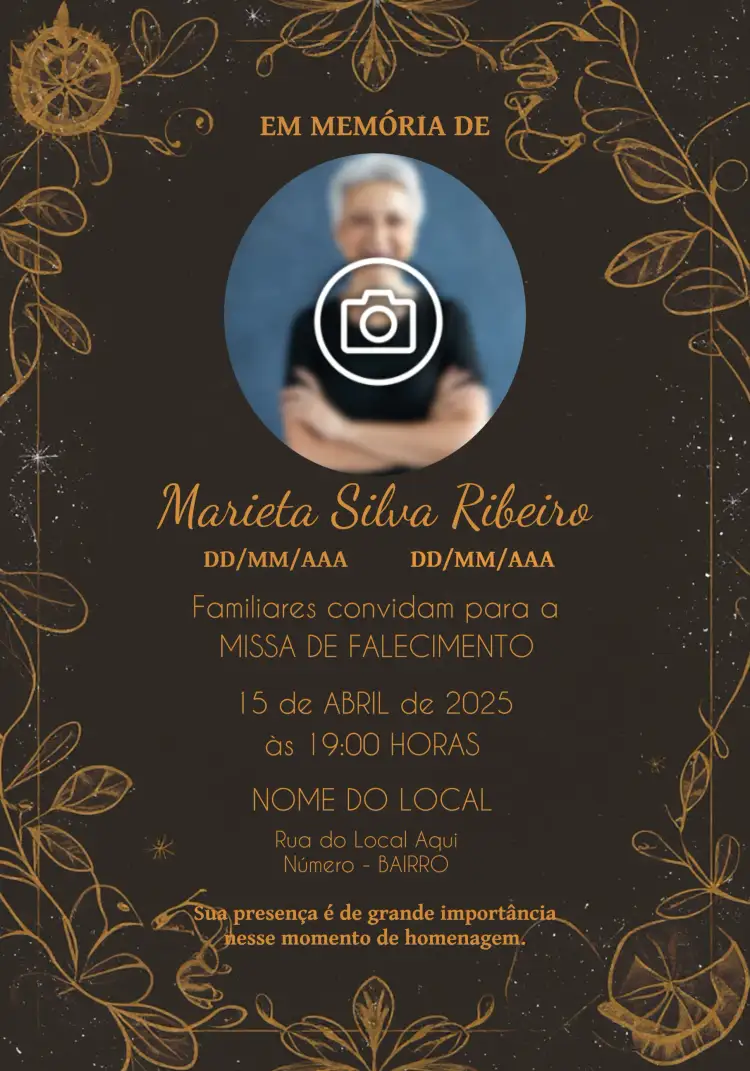 Convite Missa De Falecimento Com Foto Amarelo – tema Datas Comemorativas amarelo, marrom, dourado, minimalista, elegante, clássico