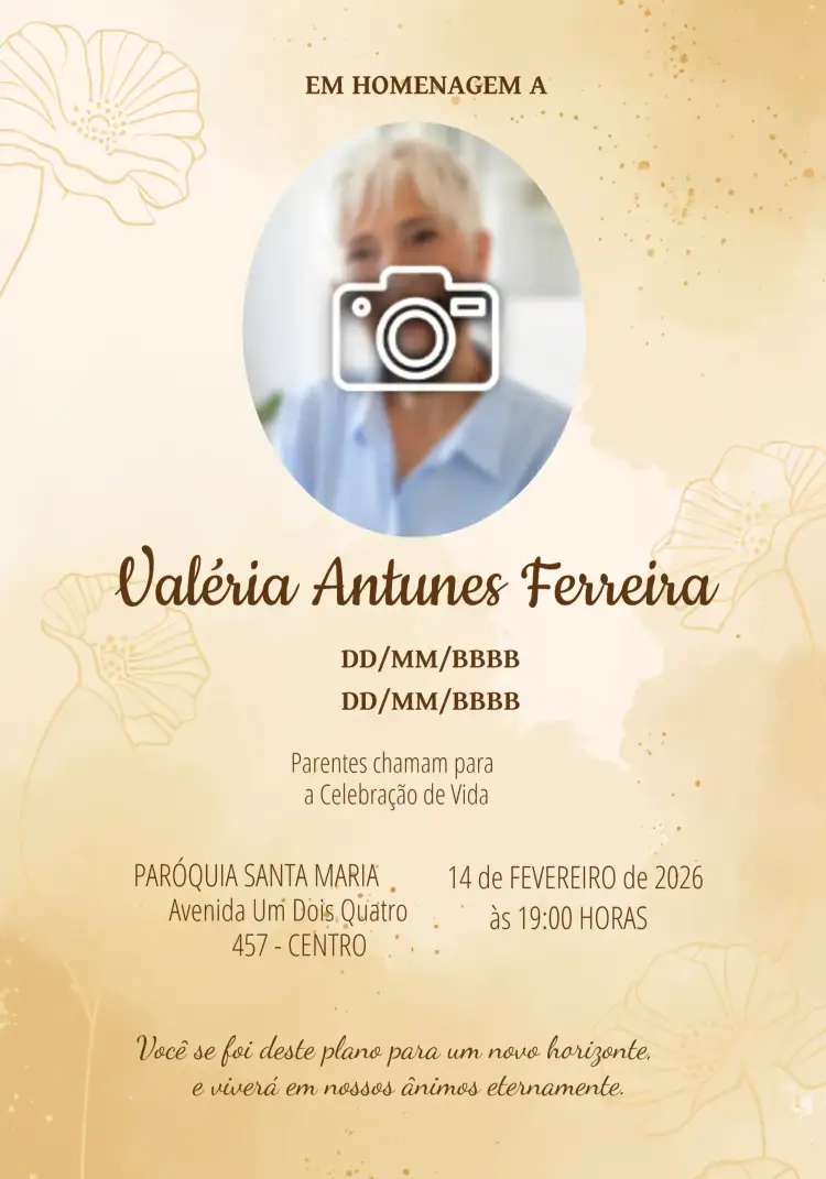 Convite Missa De Falecimento Com Foto Ano – tema Datas Comemorativas dourado, branco, marrom, elegante, minimalista, floral