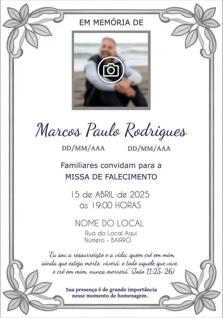 Convite Missa De Falecimento Com Foto Branco – tema Datas Comemorativas branco, minimalista, sóbrio, elegante, moderno, respeitoso