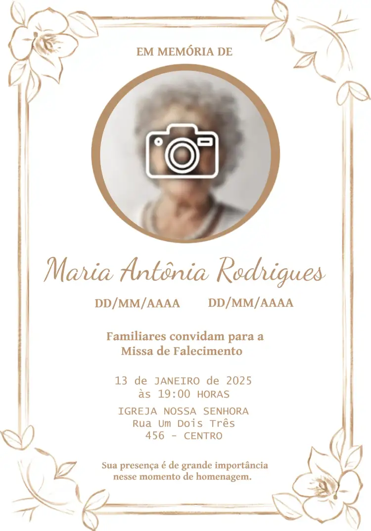 Convite Missa De Falecimento Com Foto Cruz – tema Datas Comemorativas sóbrio, minimalista, floral, elegante, tradicional