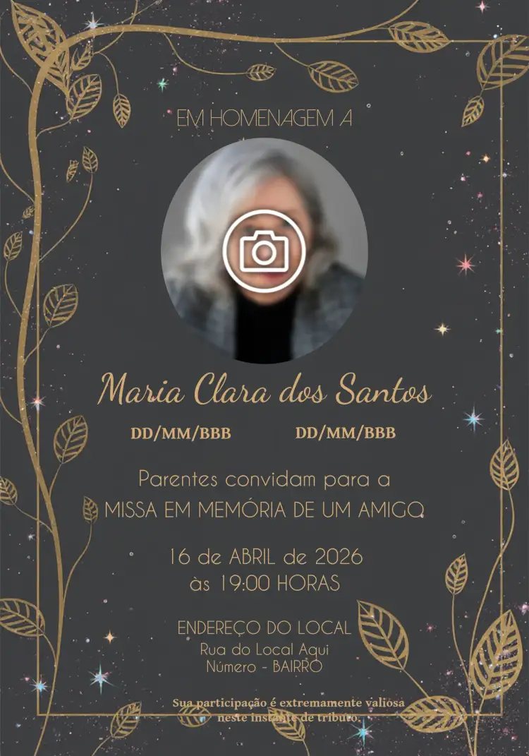 Convite Missa De Falecimento Com Foto Cruz – tema Datas Comemorativas cinza, preto, dourado, minimalista, elegante, sóbrio