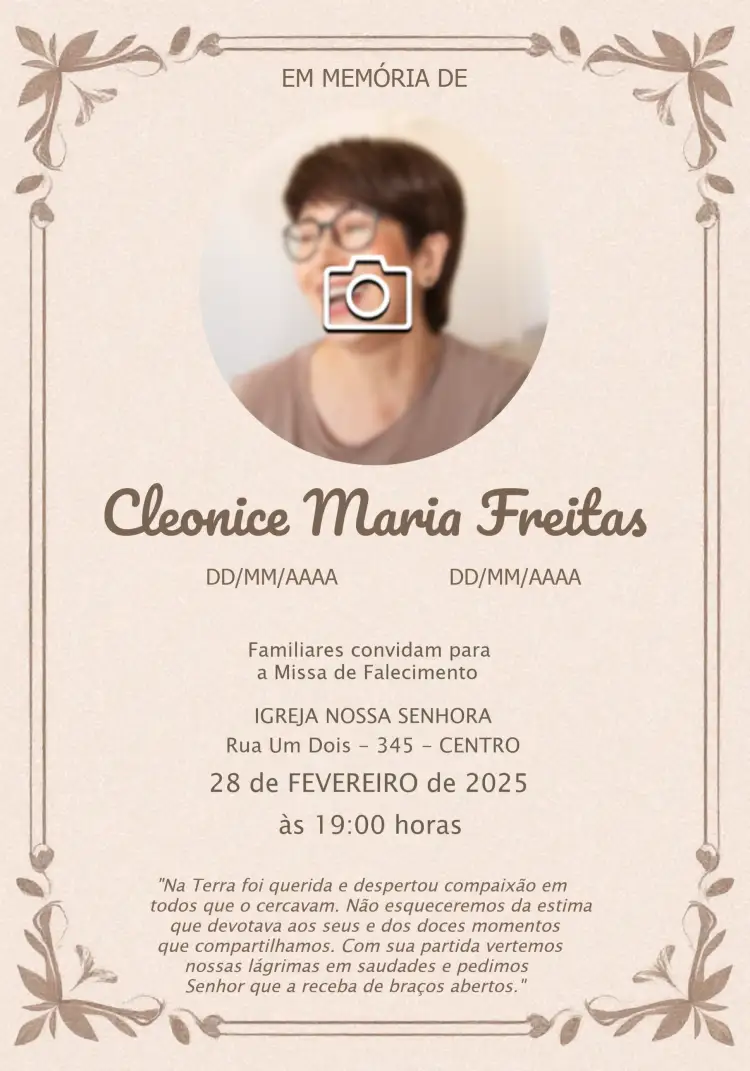 Convite Missa De Falecimento Com Foto Cruz – tema Mais pesquisados marrom, rosê, floral, minimalista, rústico, clássico