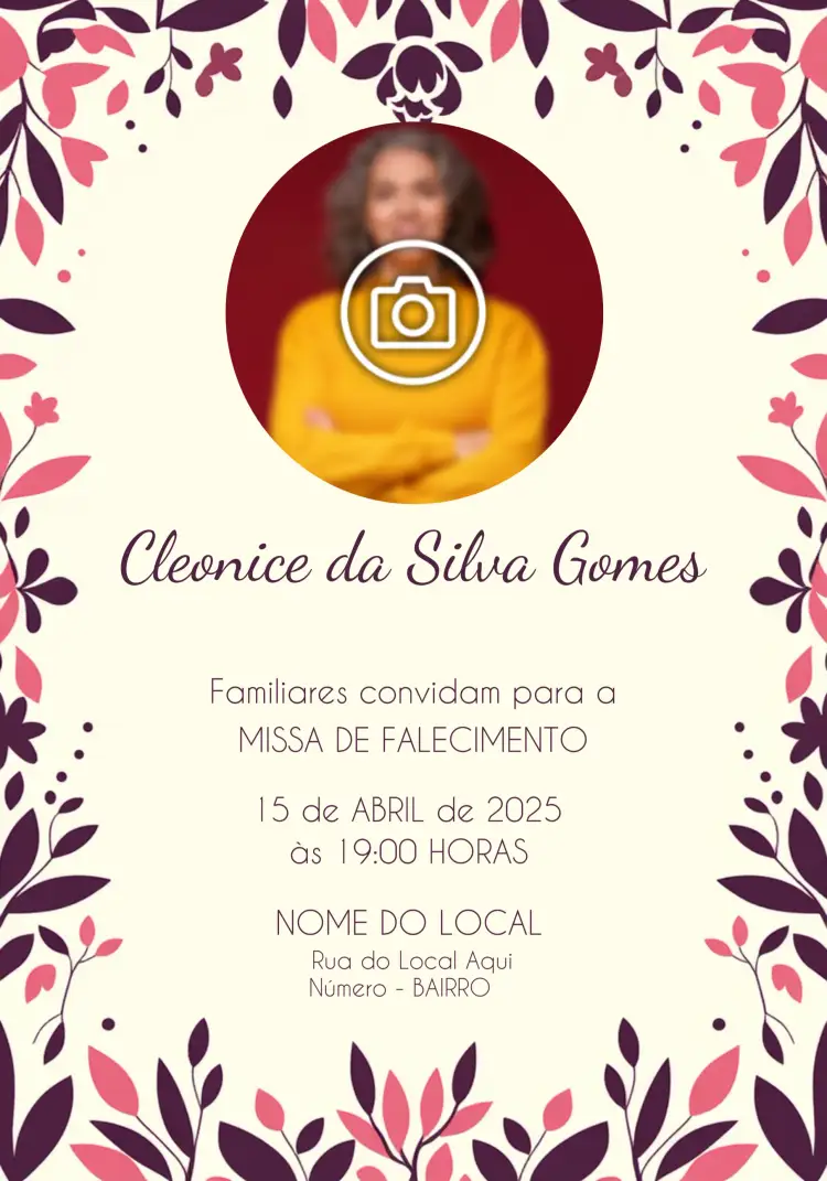 Convite Missa De Falecimento Com Foto Culto – tema Datas Comemorativas cores suaves, minimalista, elegante, confortável, floral