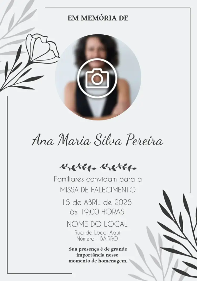 Convite Missa De Falecimento Com Foto Culto – tema Datas Comemorativas cinza, branco, minimalista, respeitoso, clássico