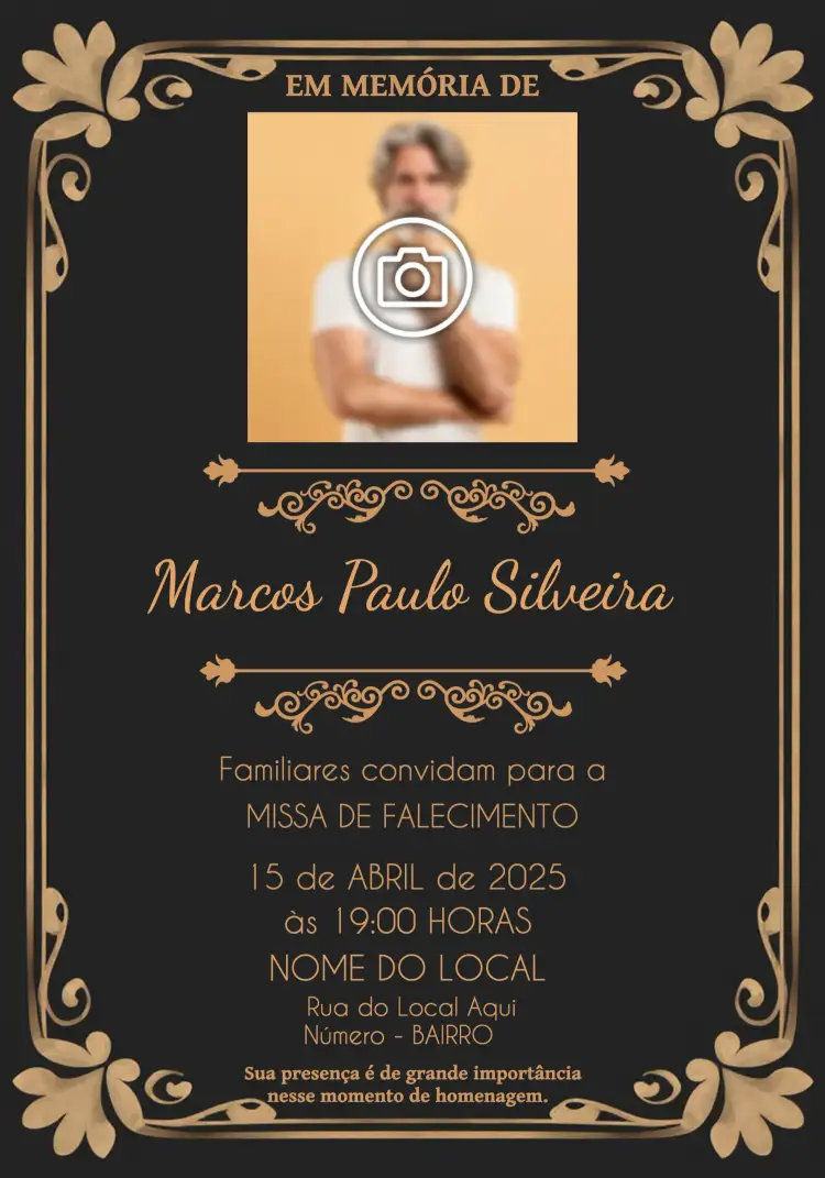 Convite Missa De Falecimento Com Foto Dia – tema Datas Comemorativas preto e marrom, minimalista, clássico, elegante, sutil