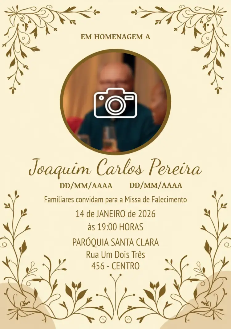 Convite Missa De Falecimento Com Foto Dia – tema Datas Comemorativas marrom, amarelo, sóbrio, minimalista, clássico, religioso