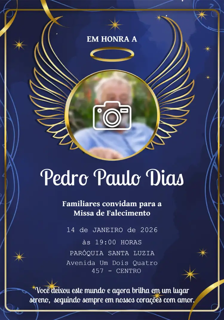 Convite Missa De Falecimento Com Foto Estrela – tema Datas Comemorativas elegante, sereno, delicado, dourado, minimalista, simbólico