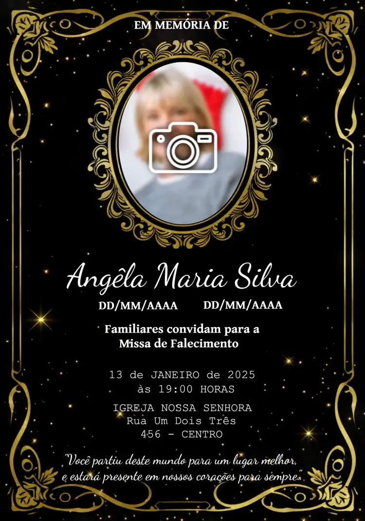 Convite Missa De Falecimento Com Foto Luto – tema Datas Comemorativas preto, dourado, branco, minimalista, elegante, sutil