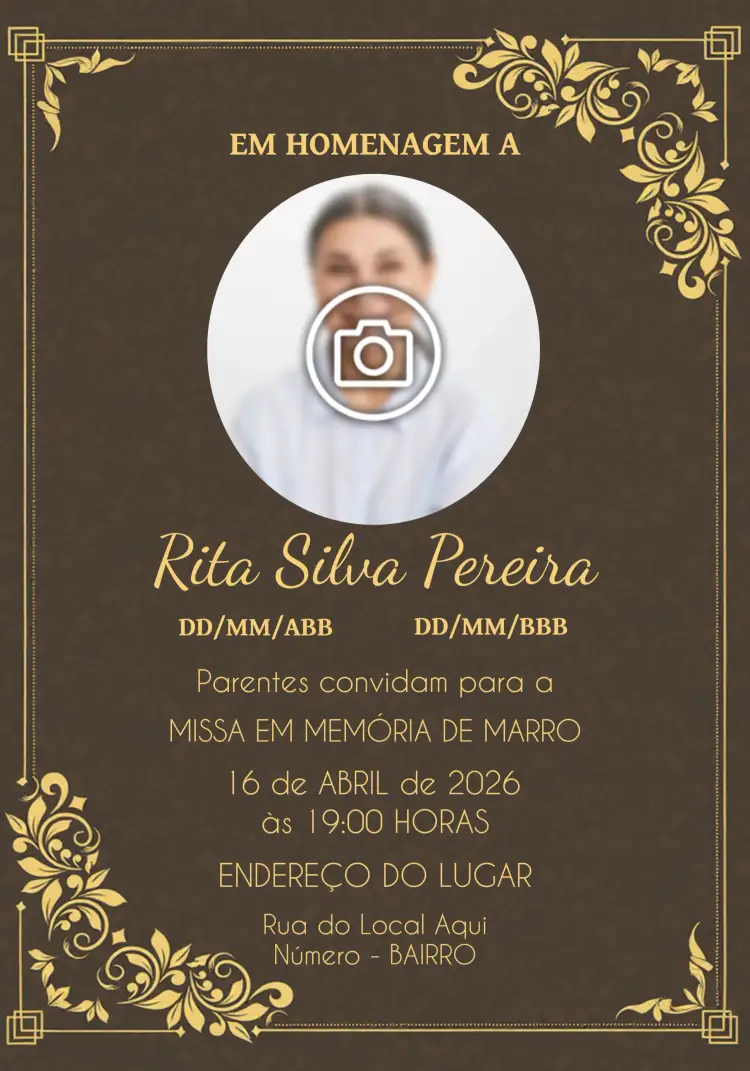Convite Missa De Falecimento Com Foto Marro – tema Datas Comemorativas marrom, amarelo, minimalista, elegante, clássico, tranquilo