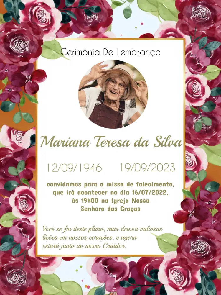 Convite Missa De Falecimento Com Foto Memoria – tema Chá de Panela floral, elegante, minimalista, sereno, confortável, moderno
