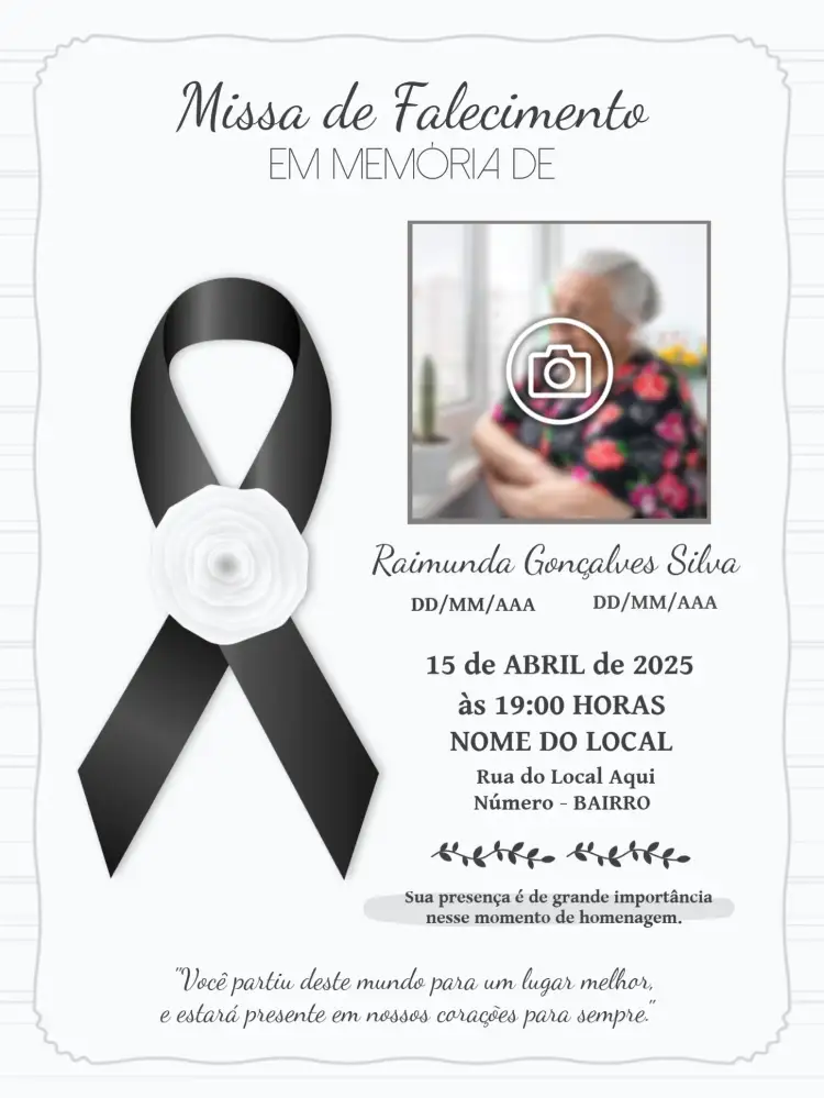 Convite Missa De Falecimento Com Foto Preto – tema Datas Comemorativas minimalista, sóbrio, elegante, preto e branco, clássico