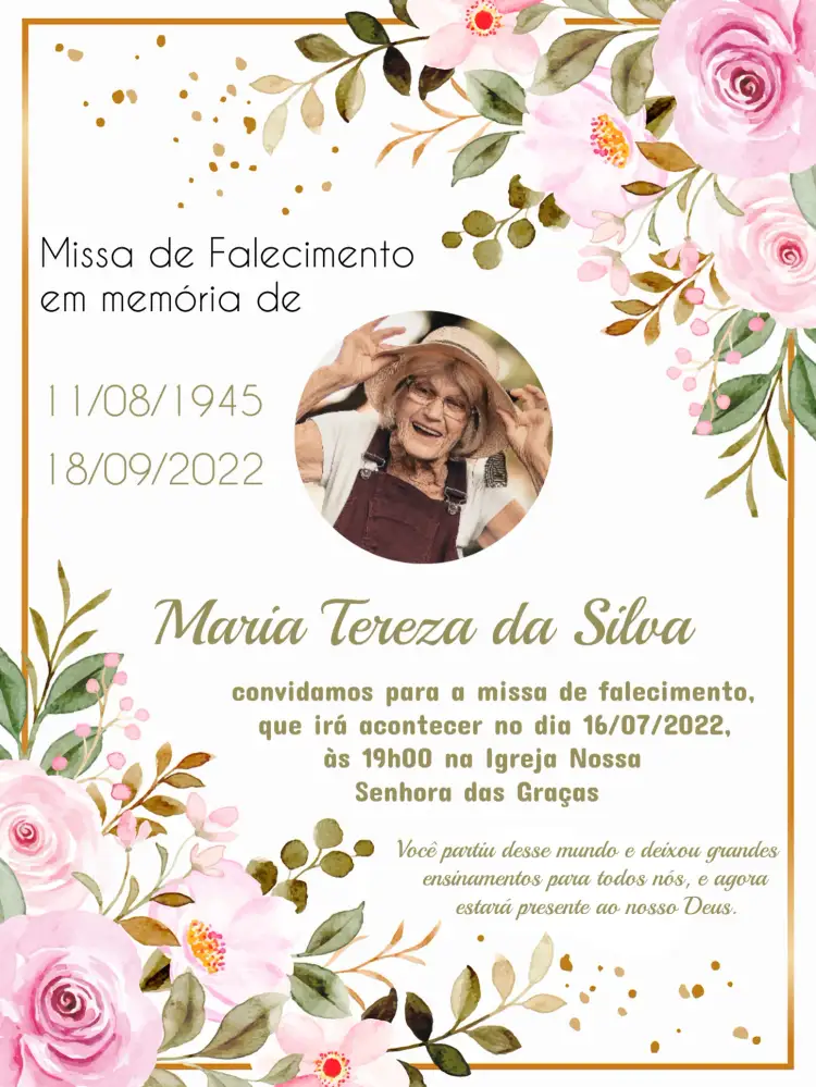 Convite Missa De Falecimento Com Foto Rosa – tema Chá de Panela floral, romântico, delicado, elegante, minimalista