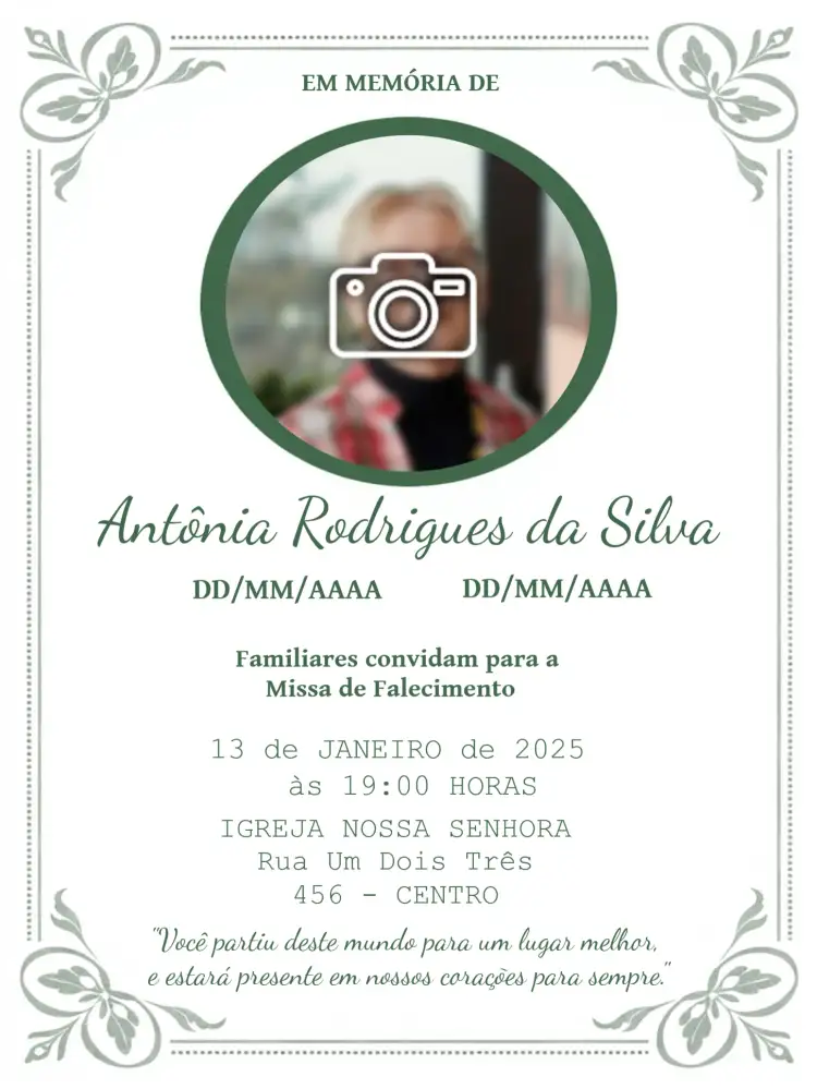 Convite Missa De Falecimento Com Foto Sétimo – tema Datas Comemorativas sutil, clássico, elegante, sereno, minimalista
