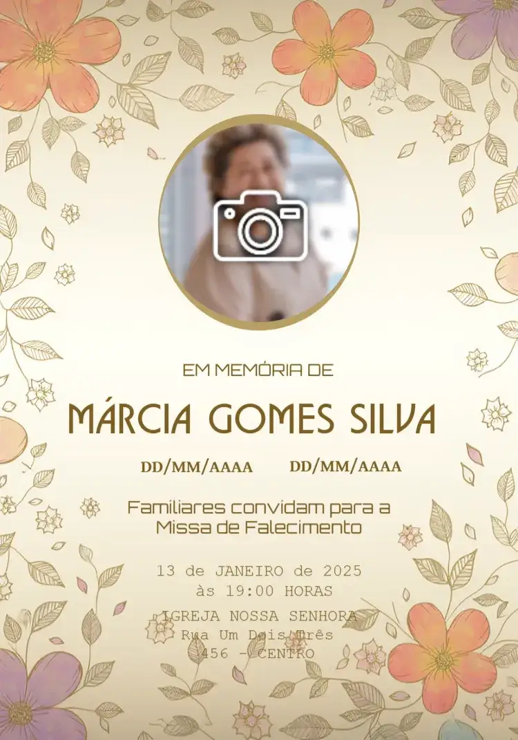 Convite Missa De Falecimento Com Foto Velório – tema Datas Comemorativas minimalista, clássico, sereno, elegante, sutil, confortante