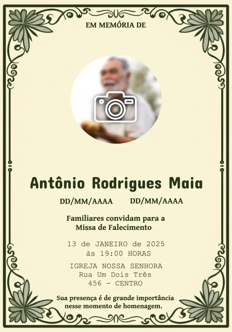Convite Missa De Falecimento Com Foto Verde – tema Datas Comemorativas verde, minimalista, elegante, sereno, sutil