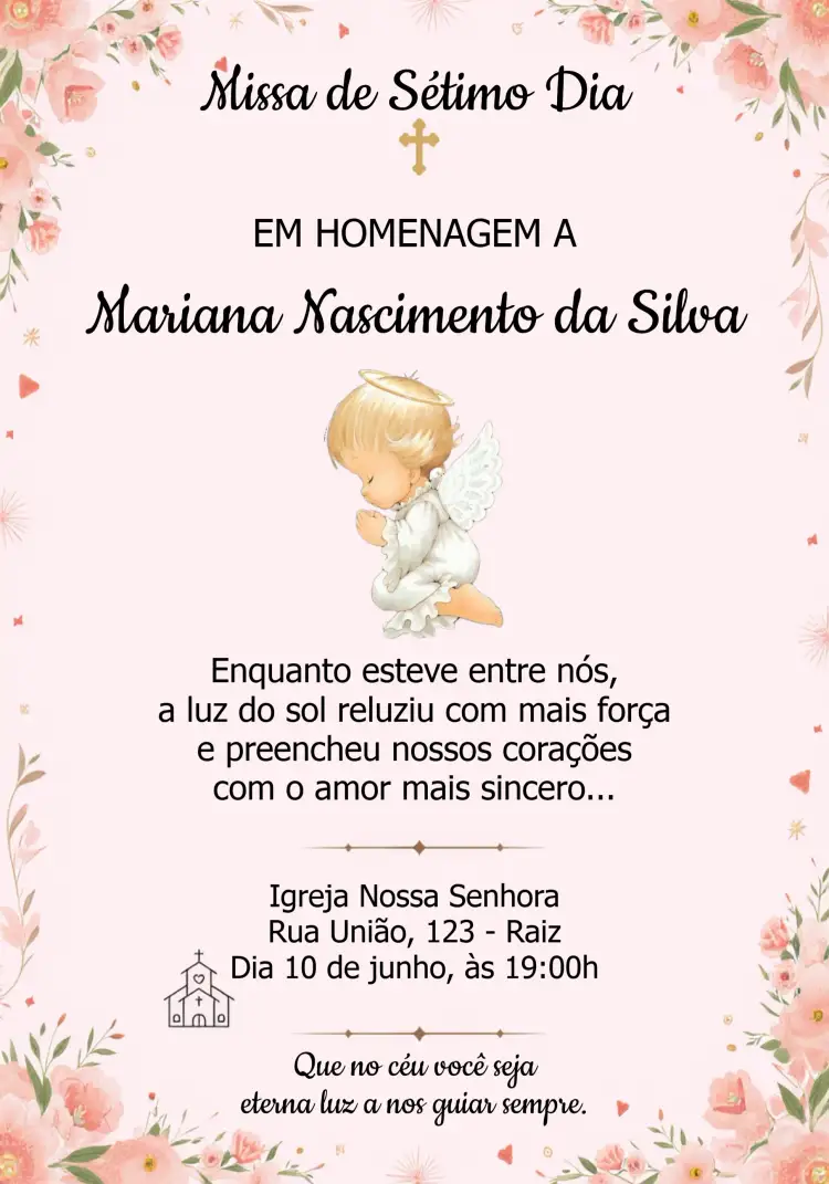 Convite Missa De Sétimo Dia Anjinha Religioso – tema Datas Comemorativas floral, delicado, claro, religioso, minimalista, suave