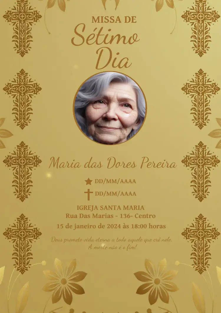 Convite Missa De Sétimo Dia Com Foto Dourado – tema Datas Comemorativas dourado, elegante, clássico, minimalista, sutil