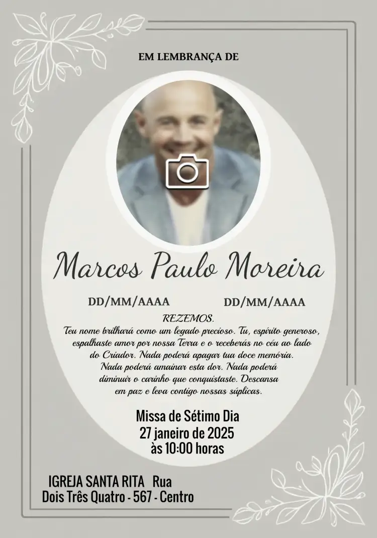 Convite Missa De Sétimo Dia Com Foto Estrela – tema Datas Comemorativas minimalista, elegante, sutil, moderno, clássico, confortante