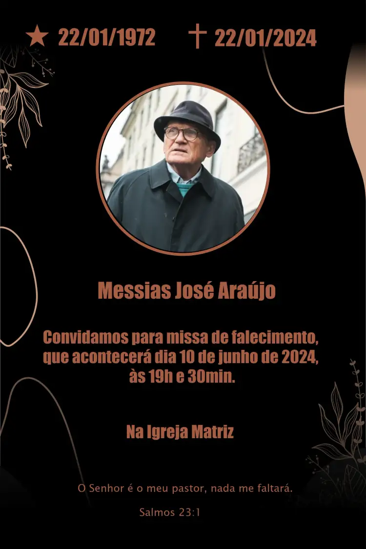 Convite Missa De Sétimo Dia Com Foto Falecido – tema Datas Comemorativas elegante, minimalista, sereno, clássico, sutil, floral