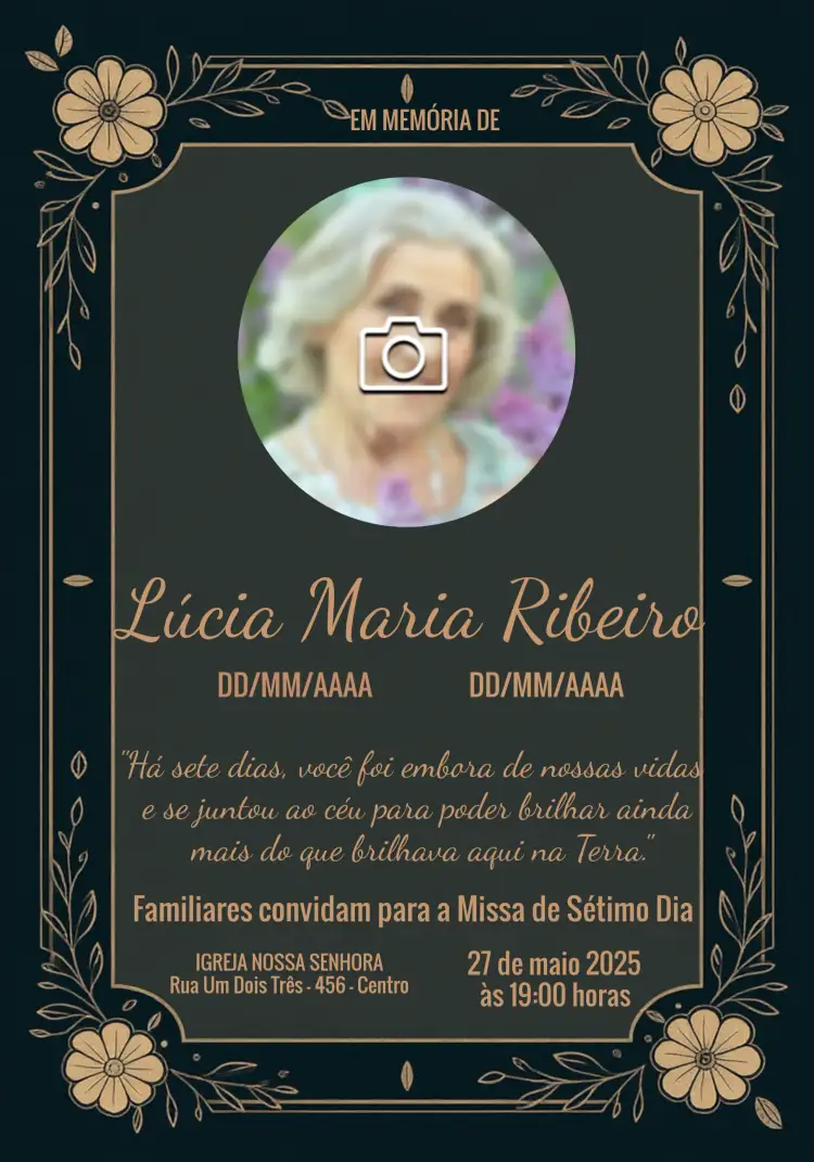 Convite Missa De Sétimo Dia Com Foto Flores – tema Datas Comemorativas floral, elegante, suave, moderno, confortável
