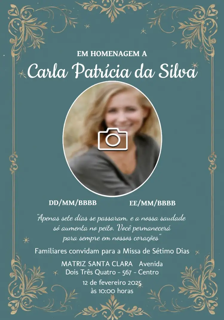 Convite Missa De Sétimo Dia Com Foto Luto – tema Datas Comemorativas azul, branco, floral, minimalista, sereno, respeitoso