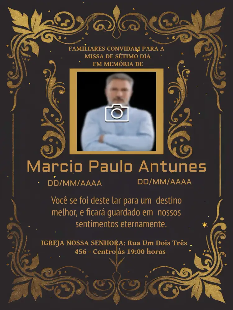 Convite Missa De Sétimo Dia Com Foto Luto – tema Datas Comemorativas preto e amarelo, elegante, floral, minimalista, sutil