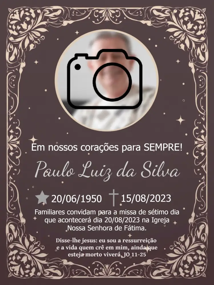 Convite Missa De Sétimo Dia Com Foto Prata – tema Datas Comemorativas prata, cinza, preto, minimalista, moderno, sutil