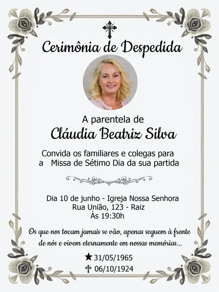 Convite Missa De Sétimo Dia Com Foto Religioso – tema Datas Comemorativas floral, delicado, religioso, minimalista, sereno, suave