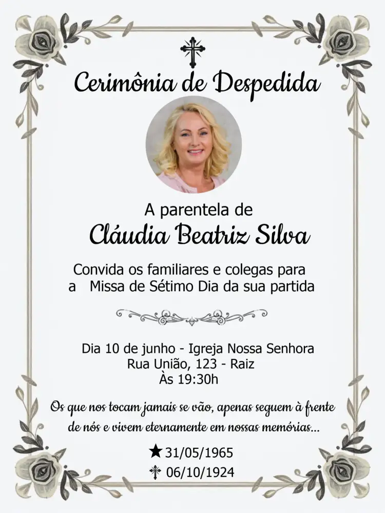 Convite Missa De Sétimo Dia Com Foto Religioso editável e personalizável