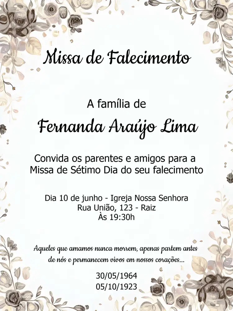 Convite Missa De Sétimo Dia Delicado – tema Datas Comemorativas delicado, floral, rosa, cinza, minimalista, religioso