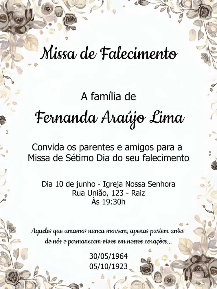 Convite Missa De Sétimo Dia Delicado editável e personalizável